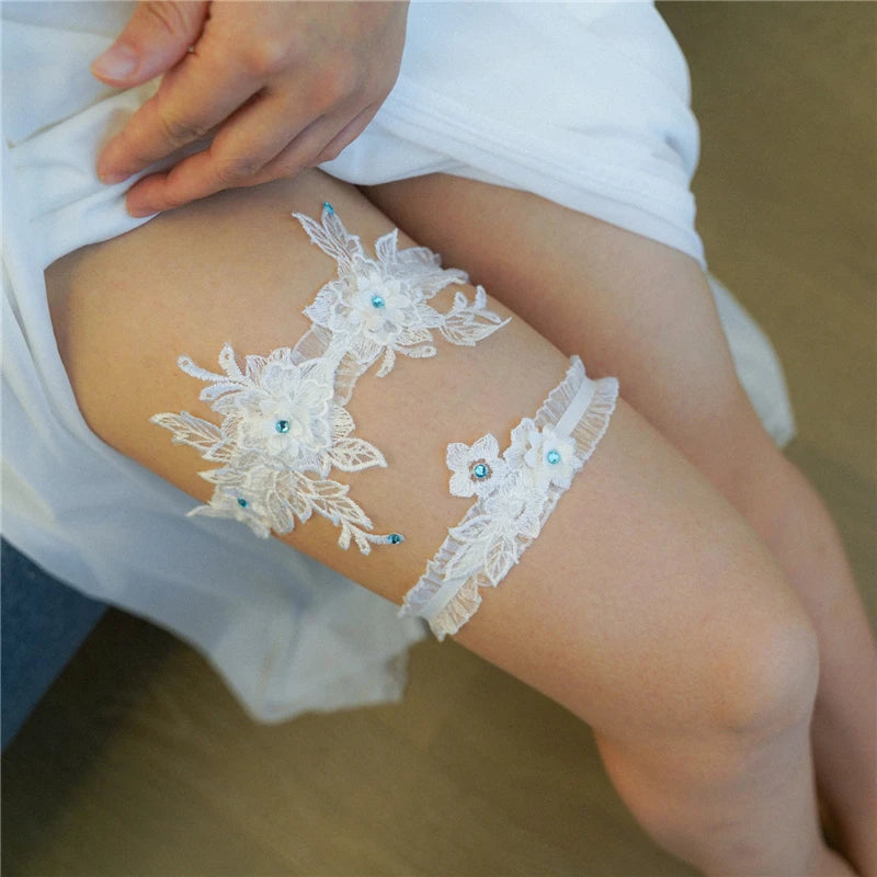 Bride Sexy Lace Flower Rhinestones Pearls Wedding Garter Belt Bridal White Thigh Leg Garter Ring For Women Wedding Accessories