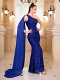 Romagic One Shoulder Mother Of the Bride Dress Blue Long Shawl Sequin Slit Wedding Party Gown Women Evening Dresses Floor Length