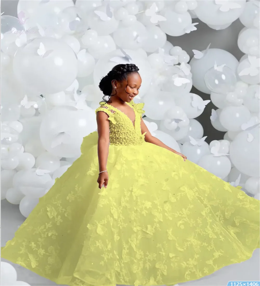 V-Neck Butterfly Pearl Flower Girl Dress
