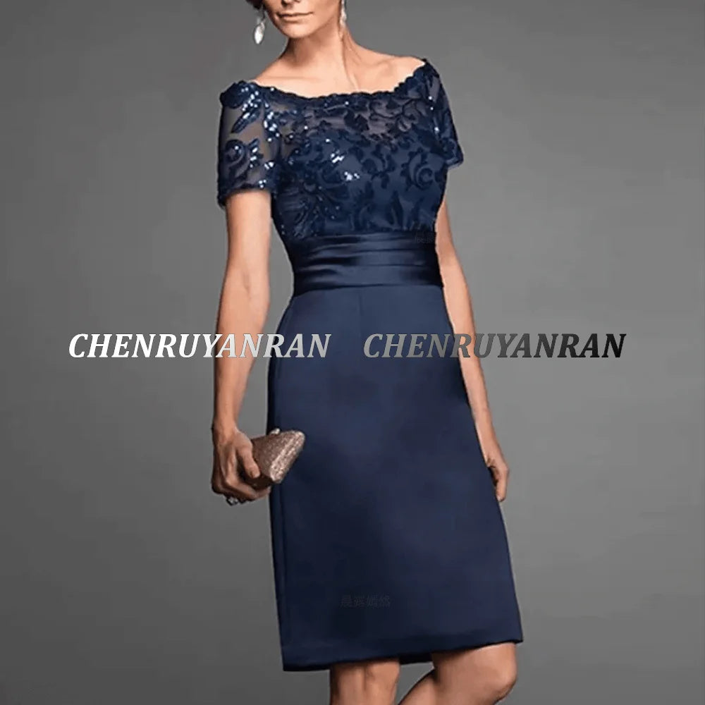 Navy Lace Knee Length Mother of the Bride Dress