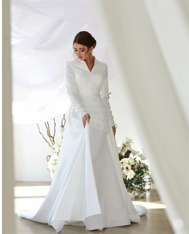 QICHE Modest Muslim Wedding Dresses Long Sleeve Luxury Floor Civil Bride Dresses Plus Customized 2026 Evening Prom Party Gowns