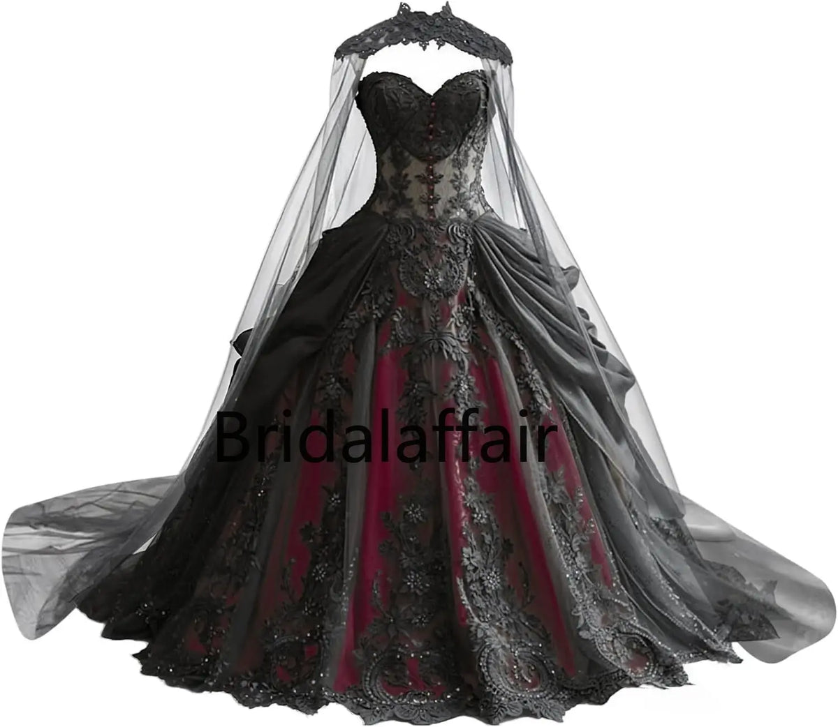 Gothic Weeding Dresses for Brides Black Lace Applique Bridal Dresses Embroidery Tiered Tulle Wedding Gowns with Cape
