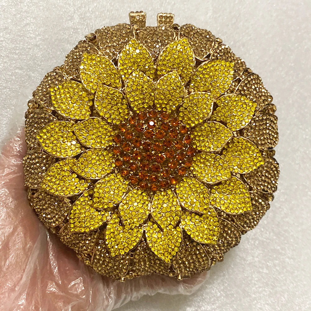 Gold/Yellow Sunflower Clutch Crystal Round Evening Bags Women Wedding Purse Bridal Bags Party Dazzling Diamond Handbags Minaudie