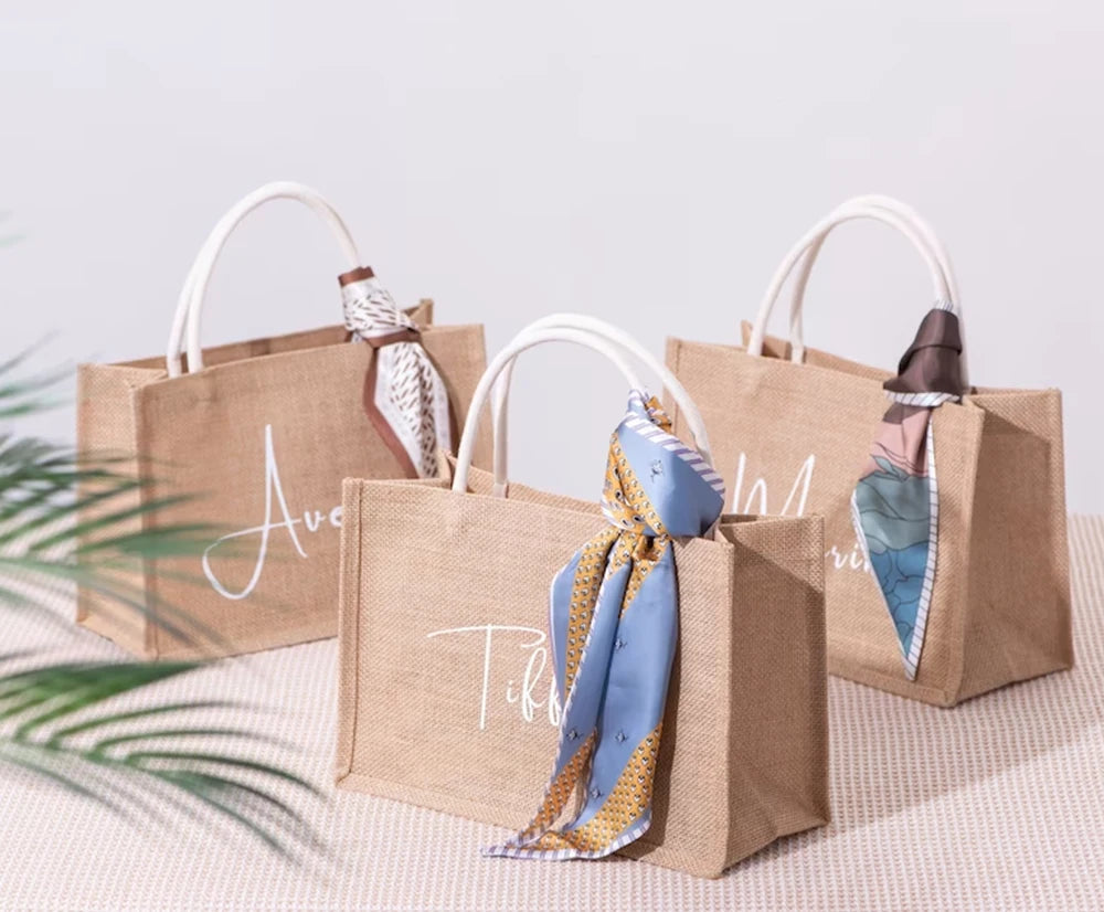 Personalized Bridesmaid Jute Tote Bags with Scarf Party Retro Beach Bag Bachelorette Gifts Girlfriend Gift for Her