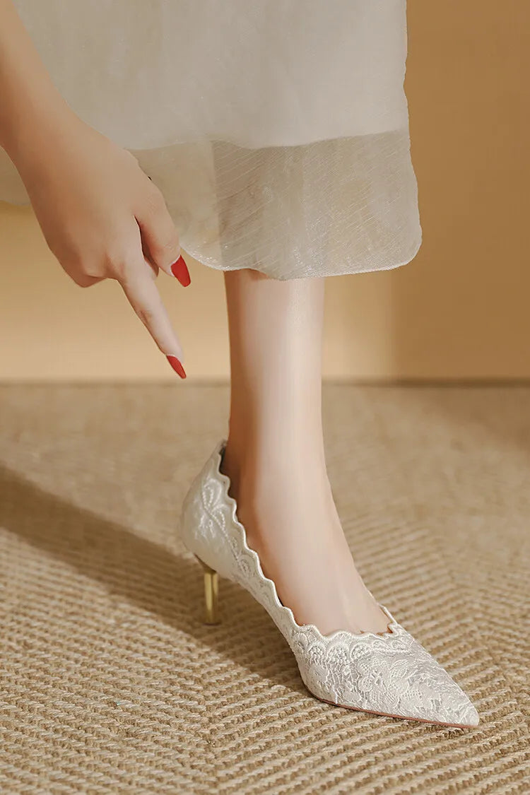Embroidered Bridal Shoes Wedding Shoes Retro French Sandals 6.5cm High Heels Single Shoes Thin Heels Banquet Pointed Pumps 34-39