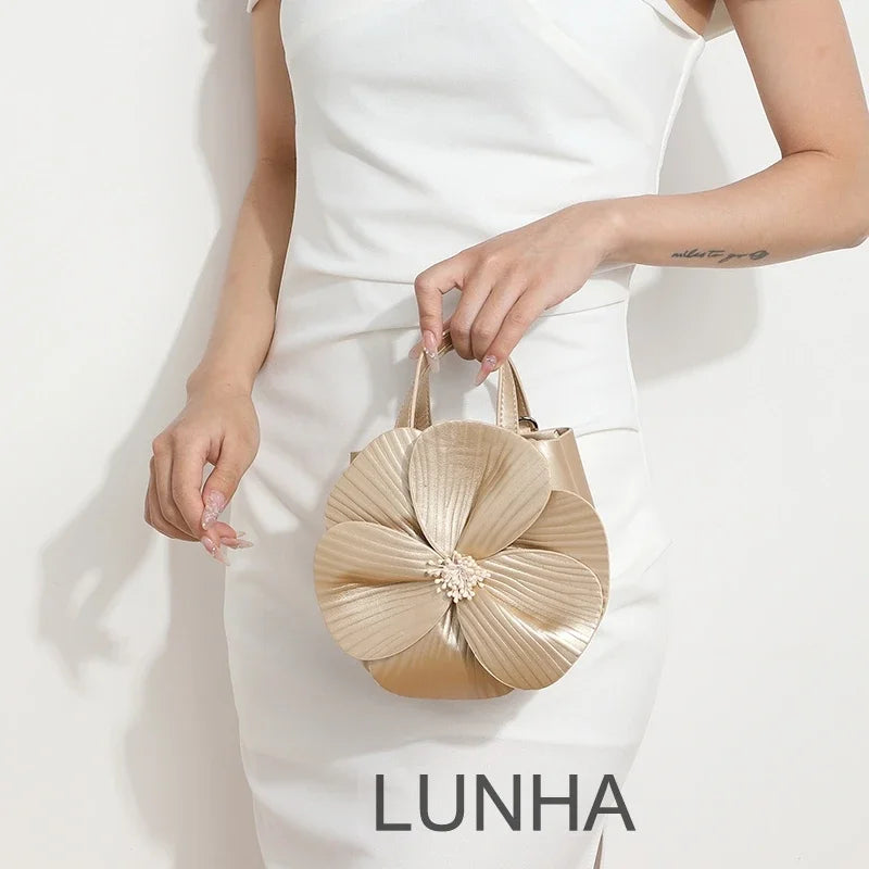 3D Floral Soft PU Leather Women Small Bucket Handbag Wedding Purse Dress Party Evening Bridal Clutch Bag
