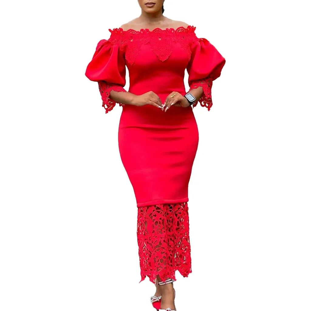Off-Shoulder Lantern Sleeve Lace Sheath Dress