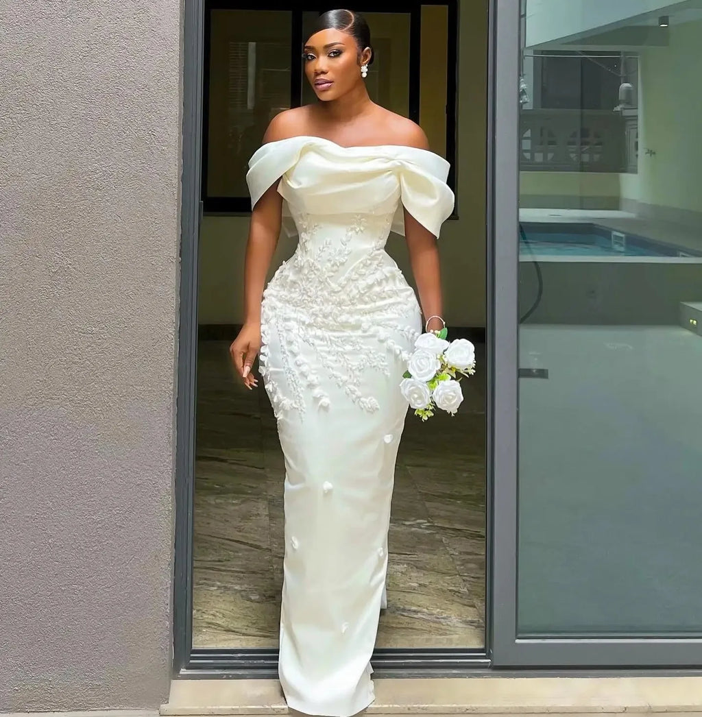 Off-Shoulder Satin Sheath Wedding Dress with Back Bow