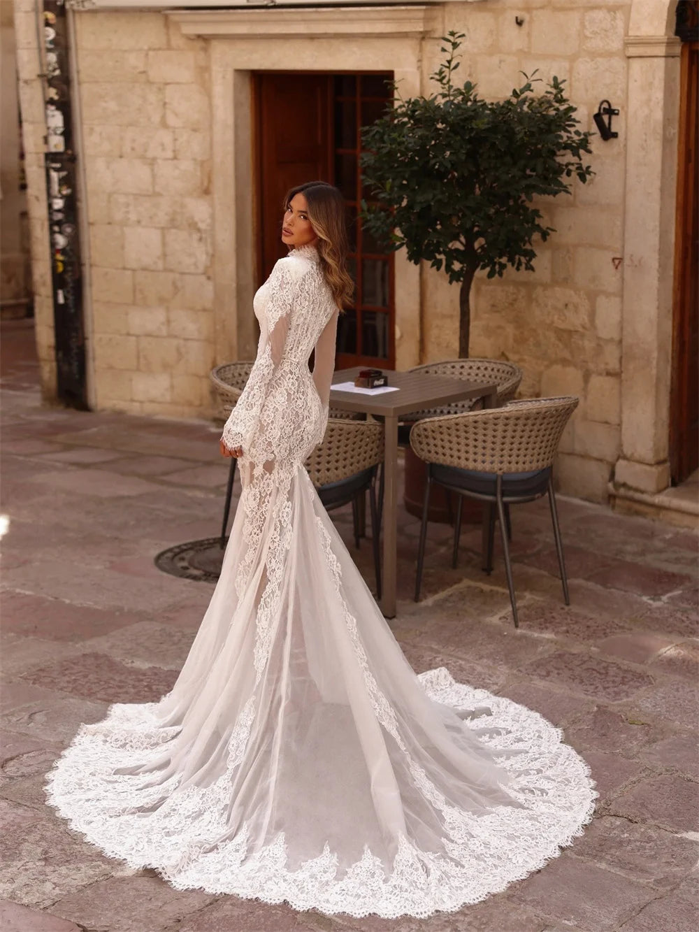 Sheer Lace Deep V Boho Wedding Dress with Slit