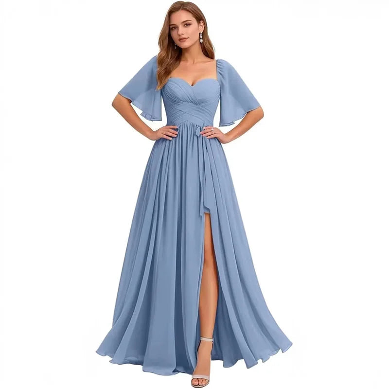 A Line Short Sleeve Chiffon Bridesmaid Dresses One Shouder Slit Pleat Elegant Wedding Party Formal Prom Evening Lace Up Back