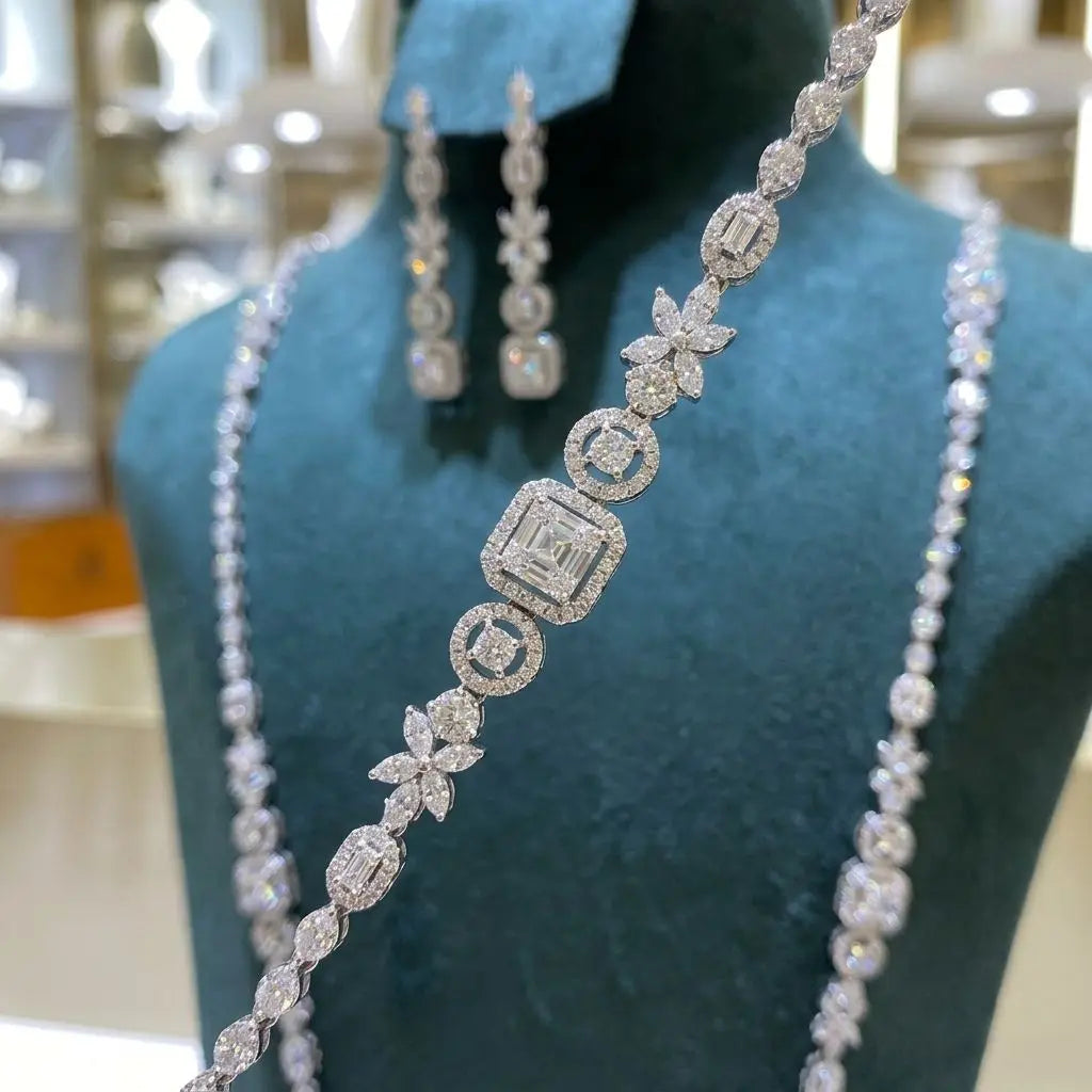 Bride Talk Luxury Long Bridal Jewelry Set Elegant Zircon Geometric Floral Wedding Accessories for Women Sweater Chain 2Pcs