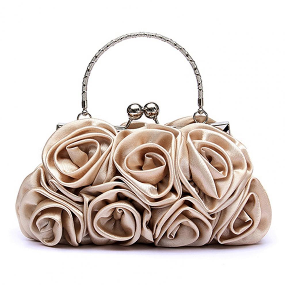 Women Girls Silk Rose Flower Handbag Wedding Bridal Clutch Bag Metal Chain Shoulder Bag Lady Crossbody Bags Purse Chic Tote Bag