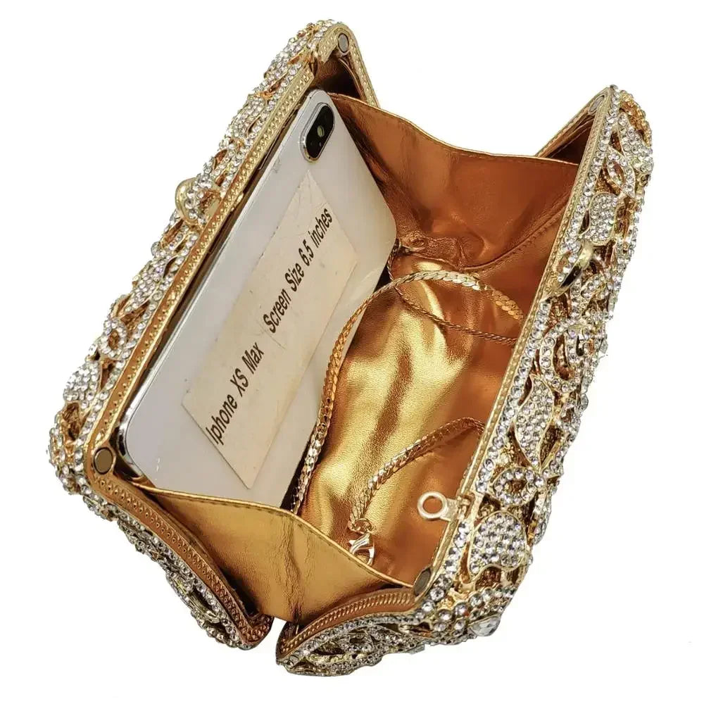 Boutique De FGG Handmade Flower Evening Bags and Clutches, Gold Rhinestone Clutch Purses and Handbags, Wedding Bridal CLutch Bag