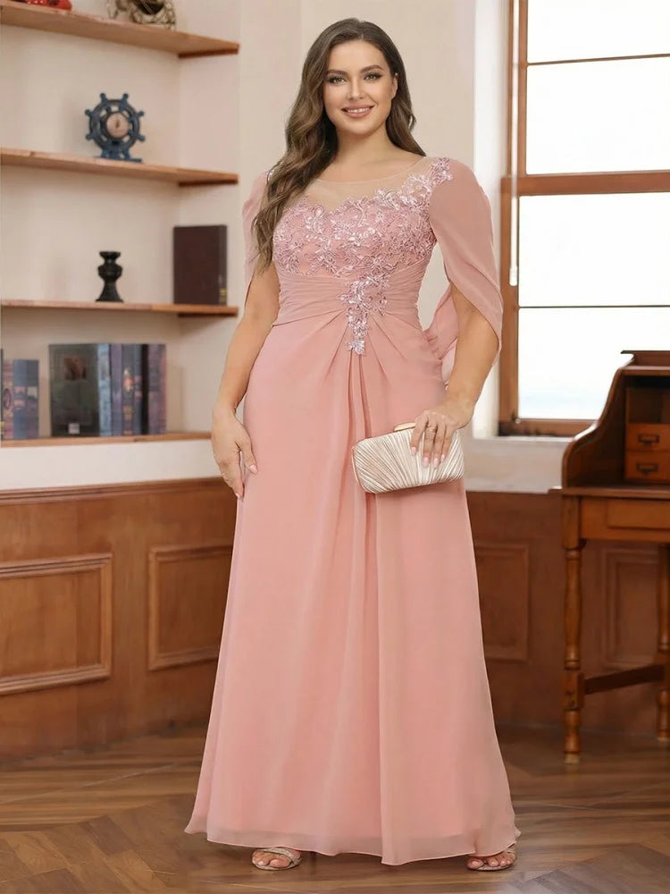 Plus Size Mother of the Bride Dress for Women Lace Applique Pleated Scoop Chiffon Formal Wedding Guest Party Dresses
