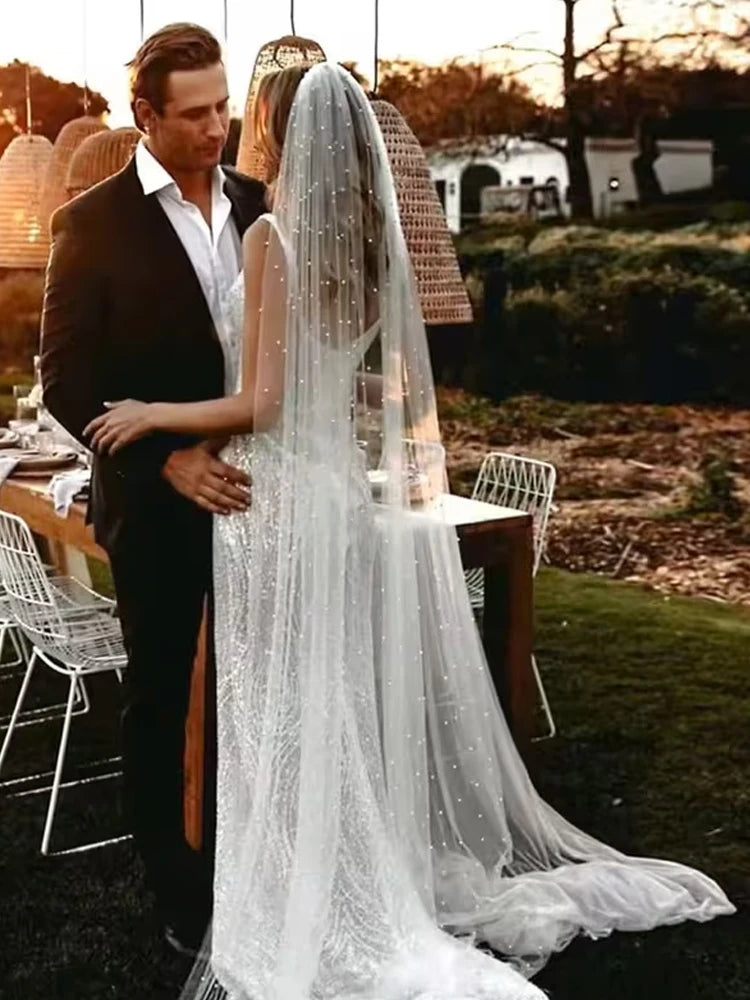 3 Meters Long Pearl Beaded Bridal Veil One Layer Long Wedding Marriage Accessories for Women