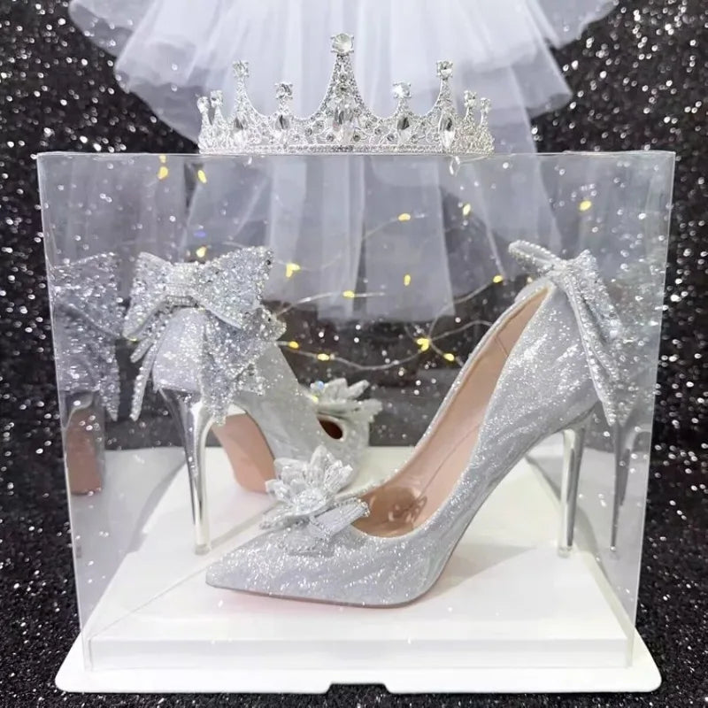 Crystal Bow Princess High Heels Silver Single Shoes Women Pointed Toe Stiletto Main Veil Bridal Wedding Shoes