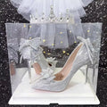 Crystal Bow Princess High Heels Silver Single Shoes Women Pointed Toe Stiletto Main Veil Bridal Wedding Shoes