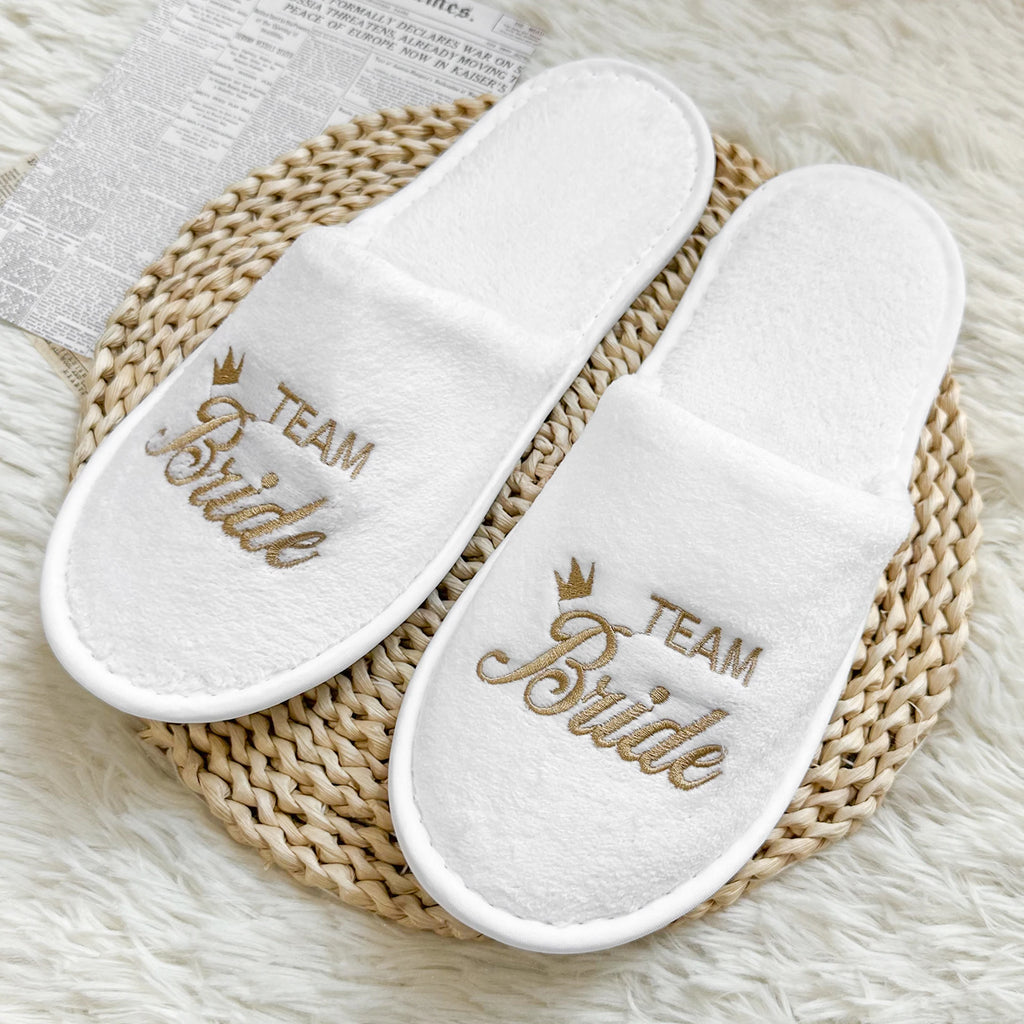 Bridal Party Slippers Set, Close-toe With Golden & Pink Embroidery, Lightweight Plush Cozy Flats, Non-slip Soft Sole For Bride