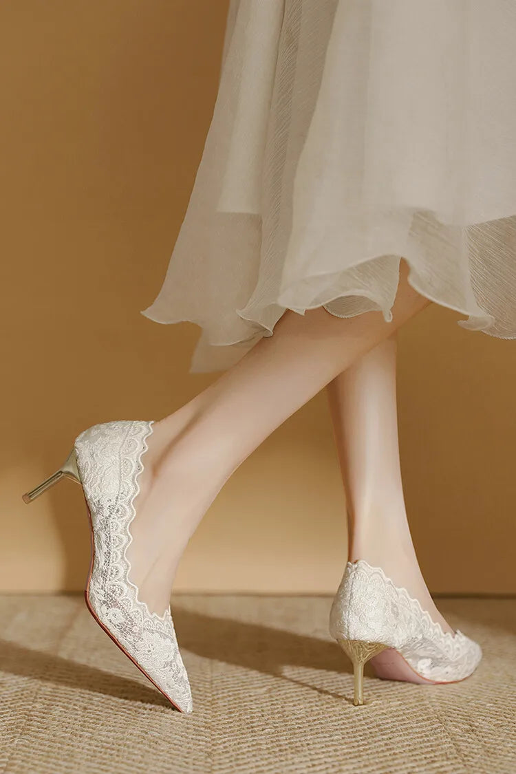 Embroidered Bridal Shoes Wedding Shoes Retro French Sandals 6.5cm High Heels Single Shoes Thin Heels Banquet Pointed Pumps 34-39