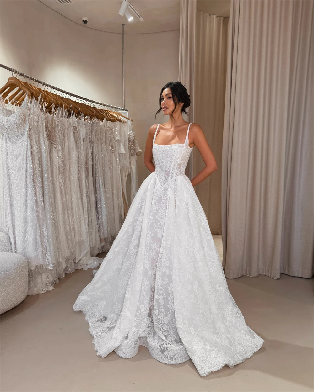 Square-Neck Off-Shoulder Long-Sleeve Satin Mermaid Wedding Dress