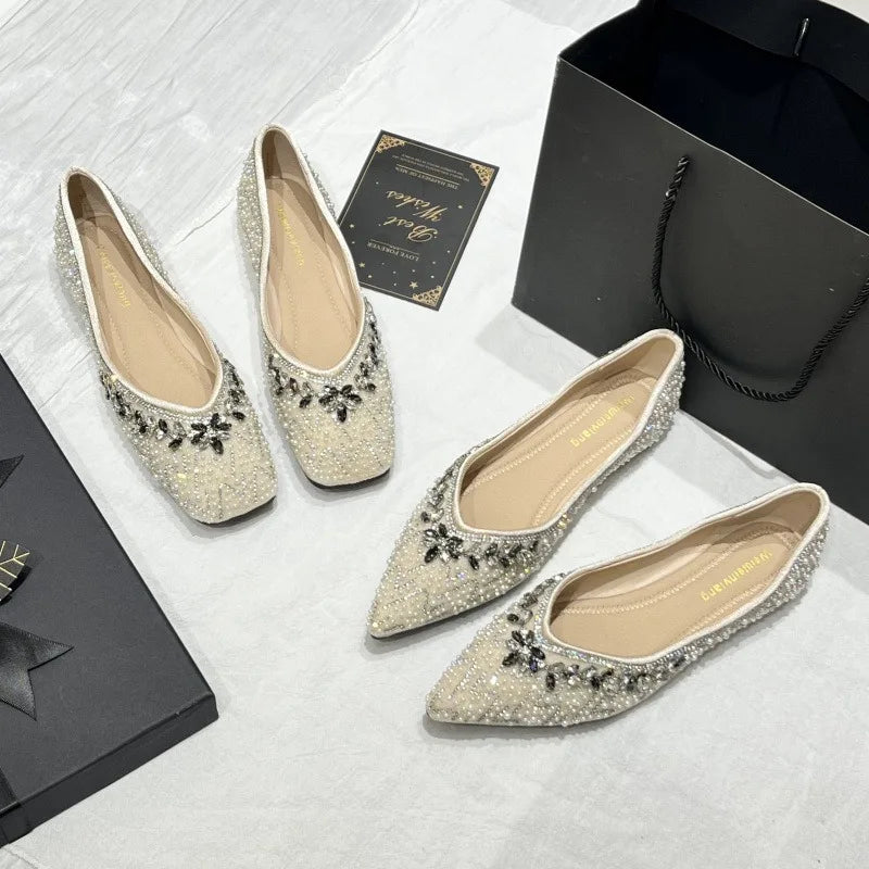 Luxury String Bead Rhinestone Brand Flat Shoes Women Comfort Square Toe Shallow Design Shoes Fashion Elegant Wedding Bridal Shoe