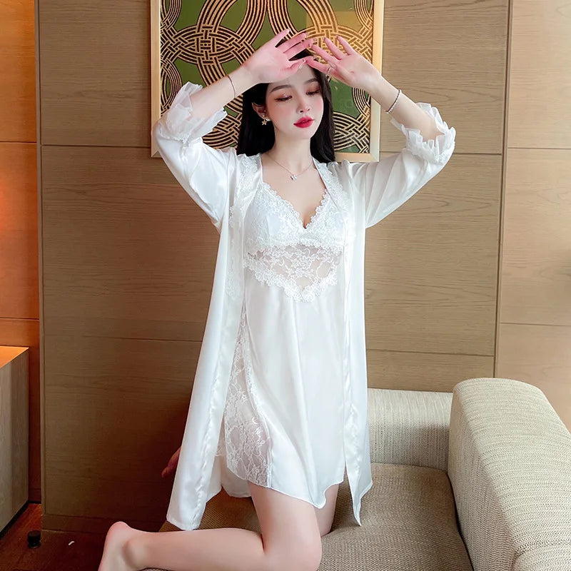 Bridal Wedding Lingerie V-Neck Loungewear Lace 2PCS Robe Suit With Strap Nightgown Sexy Kimono Bathrobe Gown Mini Sleepwear