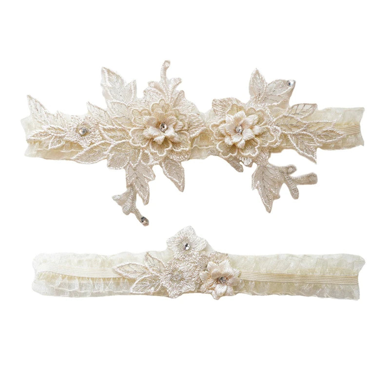 Lace Flower Bridal Garter with Rhinestones and Pearls