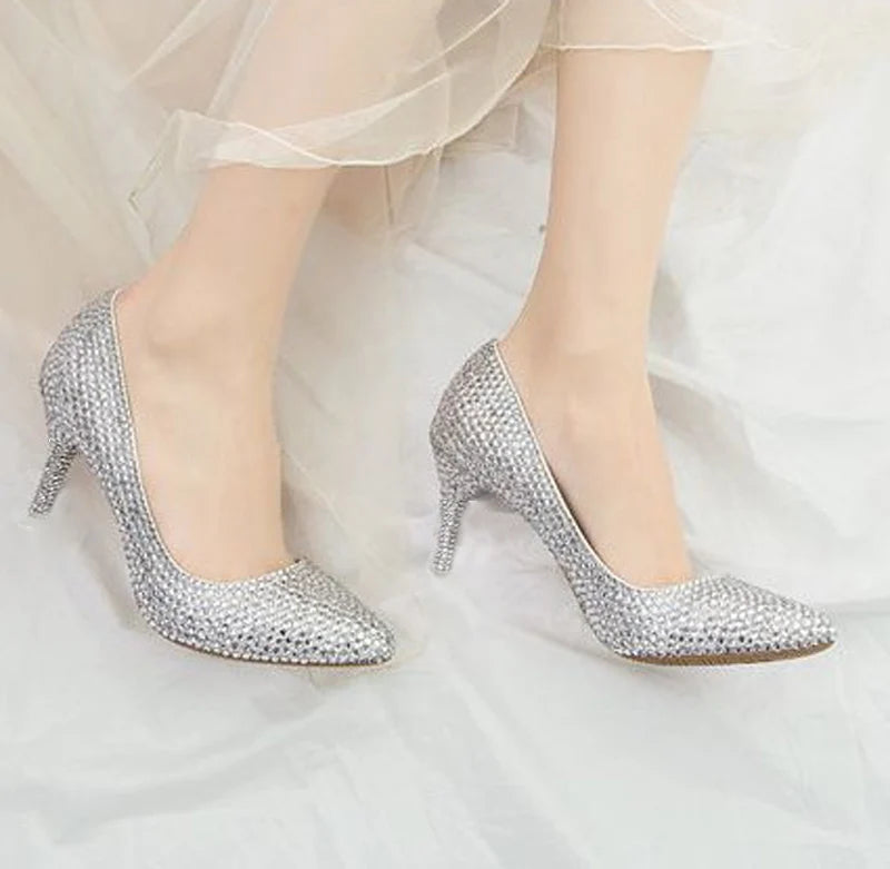 Luxury Full Rhinestone Wedding Pumps Glitter Crystal Stiletto Heels Pointed Toe 10 cm High Heels Ladies Evening Dress Shoes