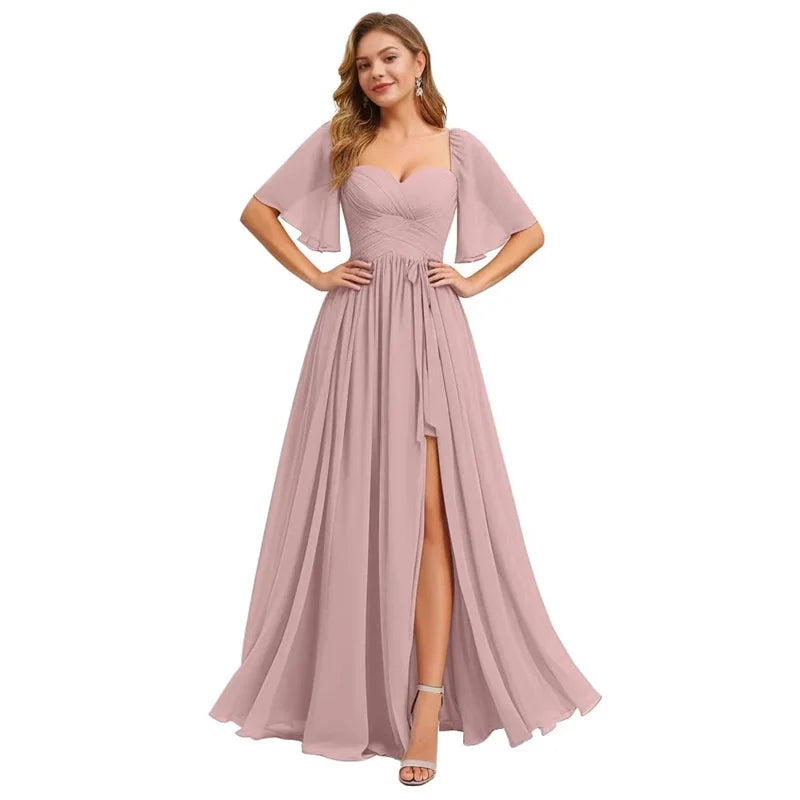 A Line Short Sleeve Chiffon Bridesmaid Dresses One Shouder Slit Pleat Elegant Wedding Party Formal Prom Evening Lace Up Back