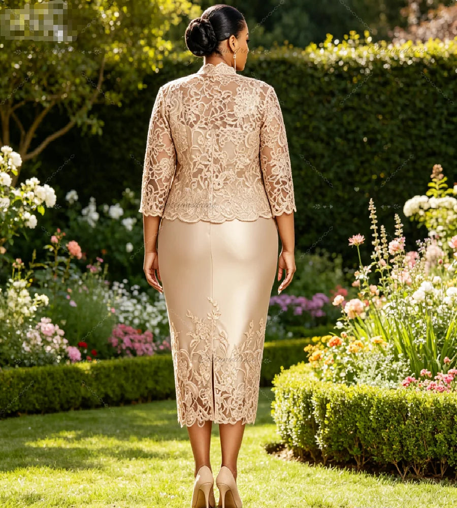 Plus Size Champagne Satin Mother of The Bride Dress Elegant Lace Bolero Ruched Short Wedding Guest Dresses 2 pieces Evening Wear