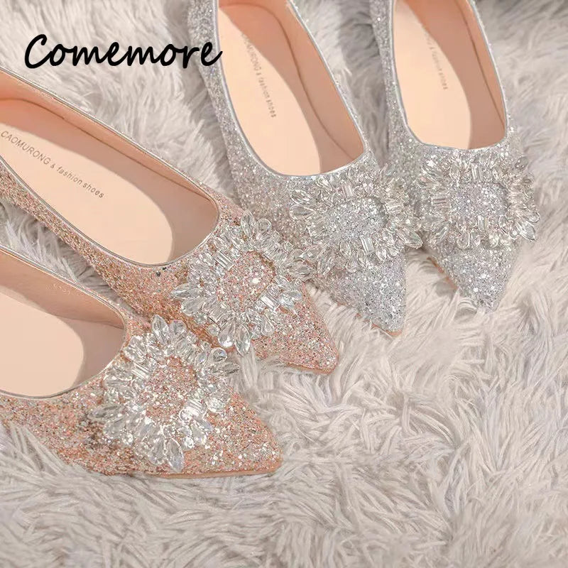 Comemore Champagne Color Flat Shoes Female Pointed Autumn Summer New Silver Low Heel Rhinestone Wedding Bridal Shoe Pumps