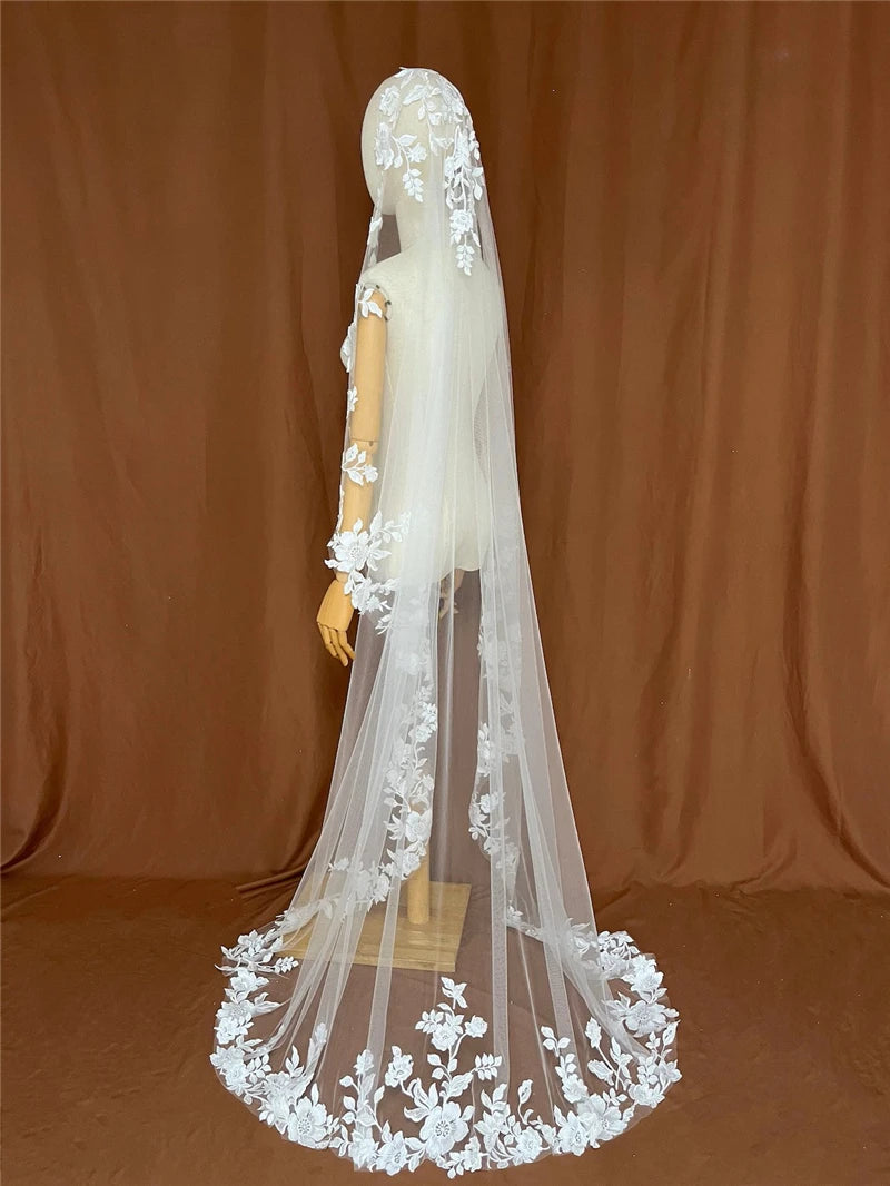 Full Lace Edge Mantilla Wedding Bridal Veils Cathedral Long Embroidered Ivory Tulle Floral Flowers Leaves Outdoor Church Brides