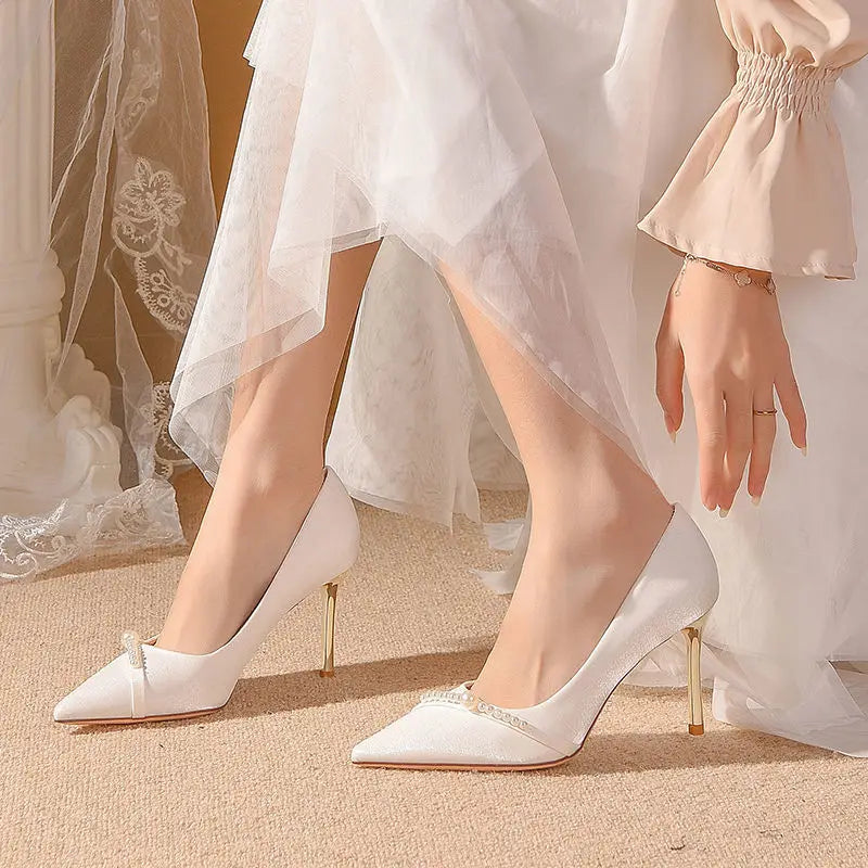 Women's Summer Footwear Bride Pumps Shoes for Woman 2025 Wedding Shoe on Heeled Pointed Toe Pearl Stilito High Heels Popular 39