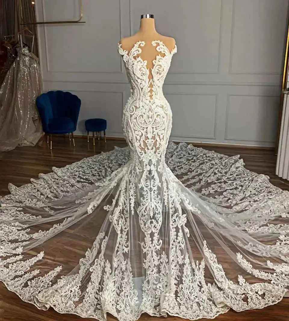Romantic Lace Embroidery Mermaid Wedding Dress Off-Shoulder Sheer Tulle Cathedral Train Bridal Gown Vestido De Novia Customized