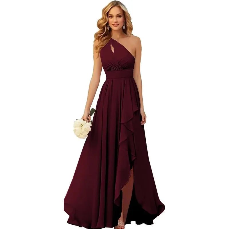 A Line Chiffon Bridesmaid Dresses One Shouder Slit Pleat Elegant Wedding Party Formal Prom Evening Lace Up Back