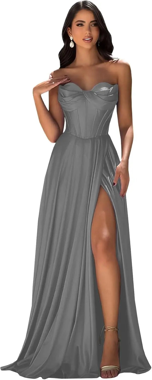 Chicbridal Women's Strapless Prom Dress Satin A-Line Long Ball Gown Sweetheart Corset Formal Dress with Pockets And Side Slit