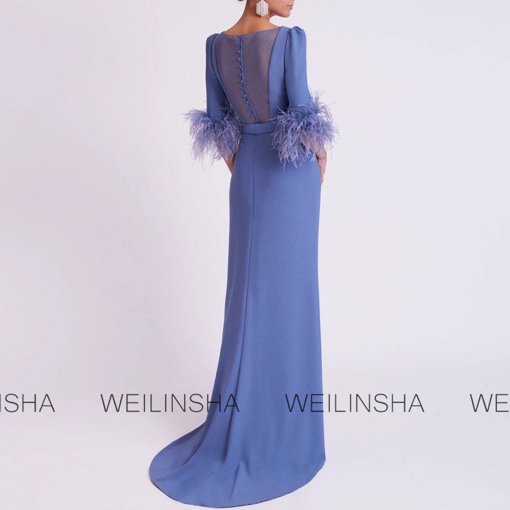 Customized Wedding Dresses Mother of the Bride Jersey Sheath/Column Evening Dress Blue O-Neck Pleat Belt Feather Prom Dress Long