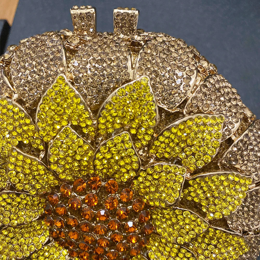 Gold/Yellow Sunflower Clutch Crystal Round Evening Bags Women Wedding Purse Bridal Bags Party Dazzling Diamond Handbags Minaudie