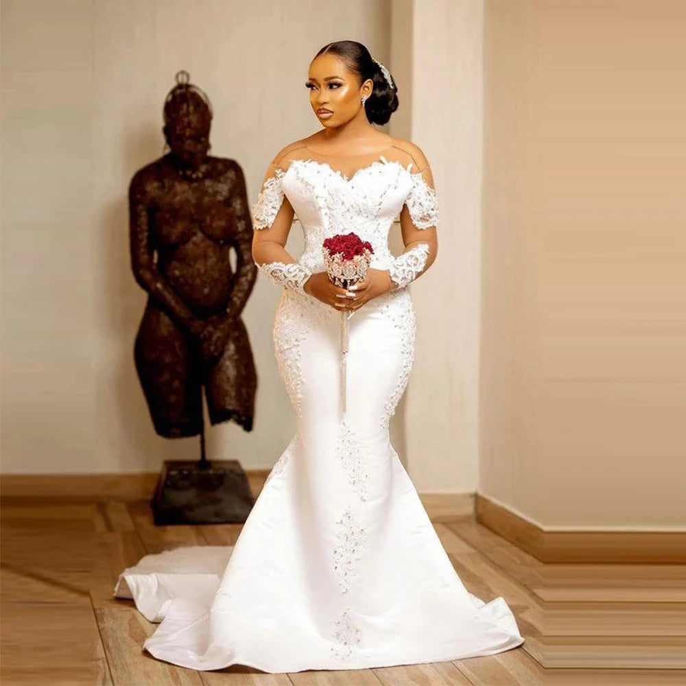 Illusion Long Sleeve Pearl Mermaid Wedding Dress