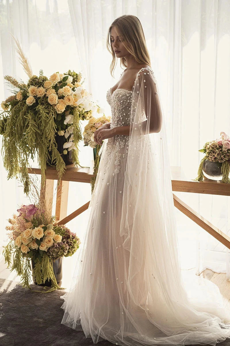 Boho Off-Shoulder Pearl Beaded Wedding Dress