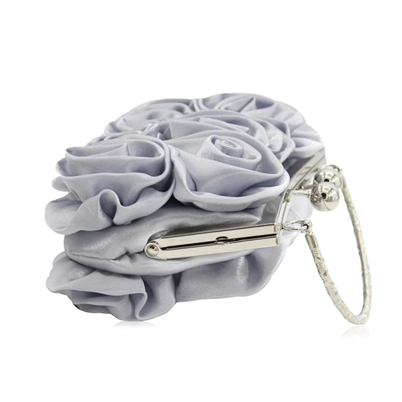 Women Clutches Rose Flower Solid Color Handbag Casual Party Wedding Evening Bag Luxury Bridal Purse Silver Minaudiere Bag