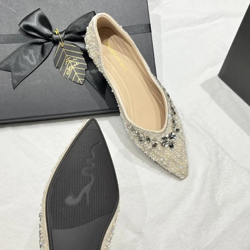 Luxury String Bead Rhinestone Brand Flat Shoes Women Comfort Square Toe Shallow Design Shoes Fashion Elegant Wedding Bridal Shoe