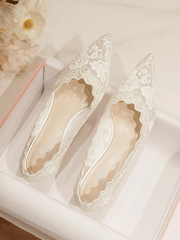 Embroidered Bridal Shoes Wedding Shoes Retro French Sandals 6.5cm High Heels Single Shoes Thin Heels Banquet Pointed Pumps 34-39