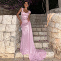 Customized Glitter Pink Evening Dress with Side Train Wide Strap Sweetheart Wedding Guest Gown Mermaid فساتين سهرة