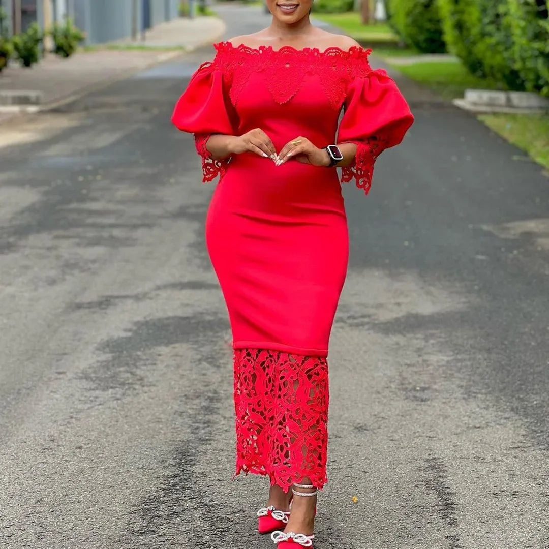 Off-Shoulder Lantern Sleeve Lace Sheath Dress