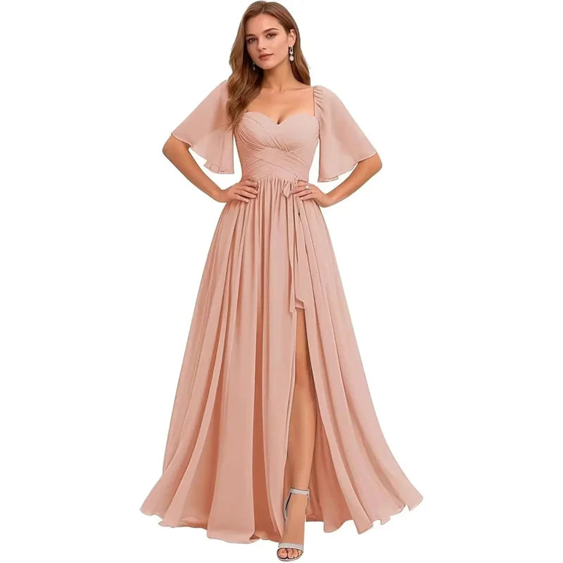 A Line Short Sleeve Chiffon Bridesmaid Dresses One Shouder Slit Pleat Elegant Wedding Party Formal Prom Evening Lace Up Back