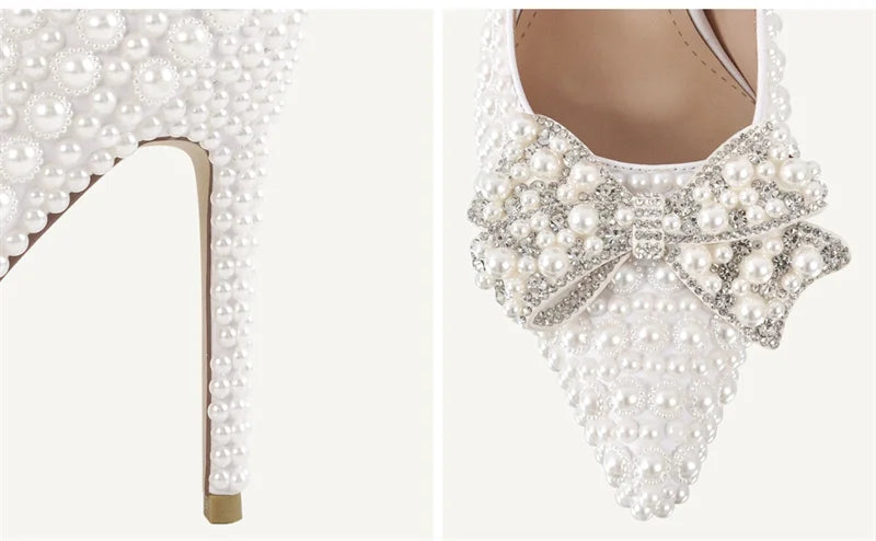 Onlymaker Women Pointed Toe White Bridal Pumps Slip-On Pearl Crystal 11CM Thin Heels Party Wedding Bride Stiletto Shoes