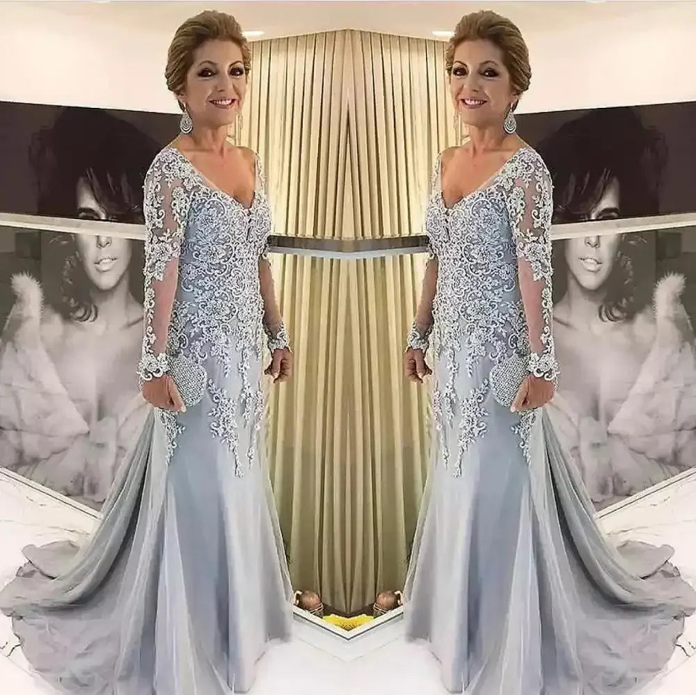 2024 Mermaid Mother Of The Bride Dress Long Sleeve Beaded Tulle Satin Groom Mother Dress Plus Size Wedding Party Guest Gown