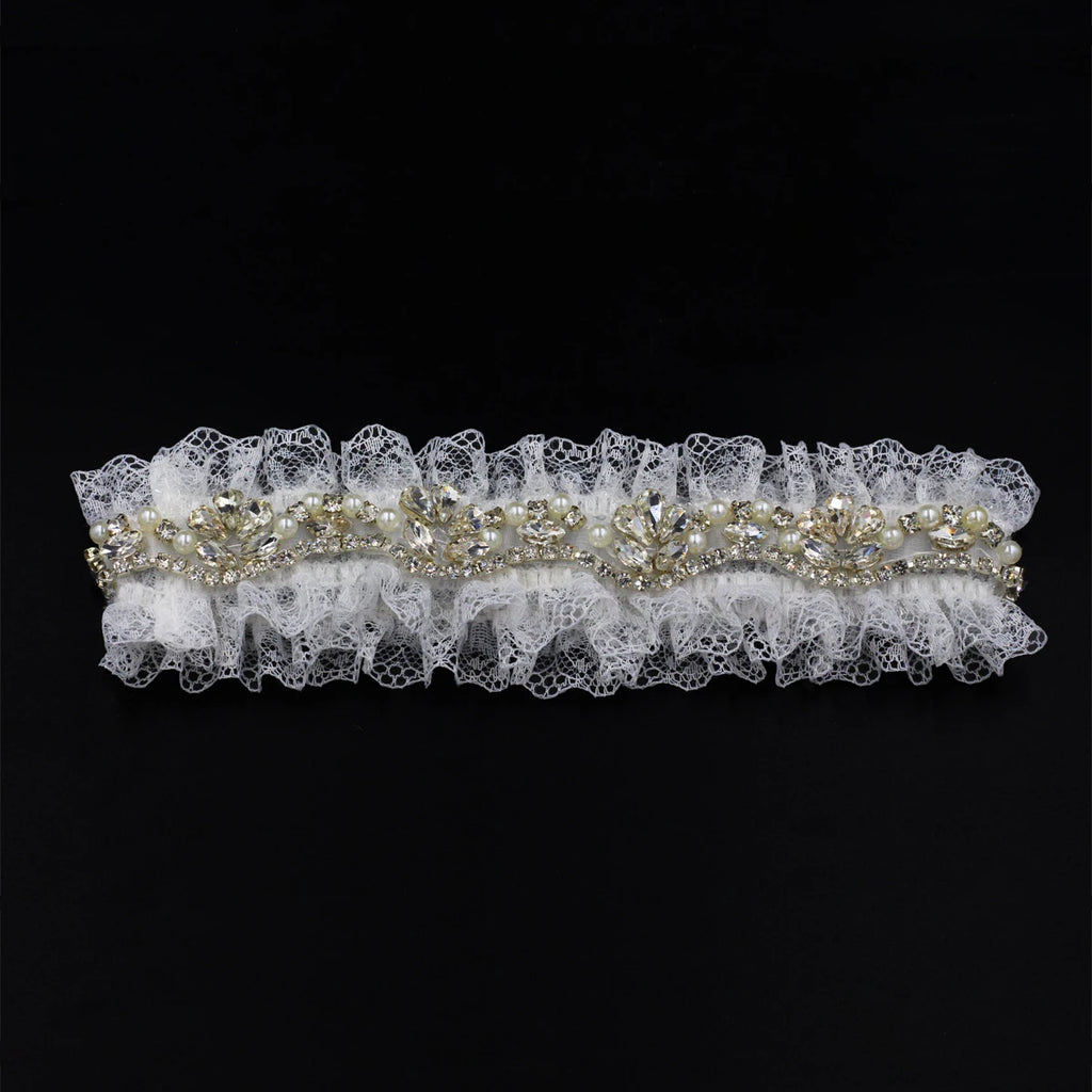 LR038 Exquisite Wedding Bridal Garter Shiny Crystal Pearls Ruffled Brides Bridesmaid Handmade Leg Ring Ladies Sexy Small Gifts