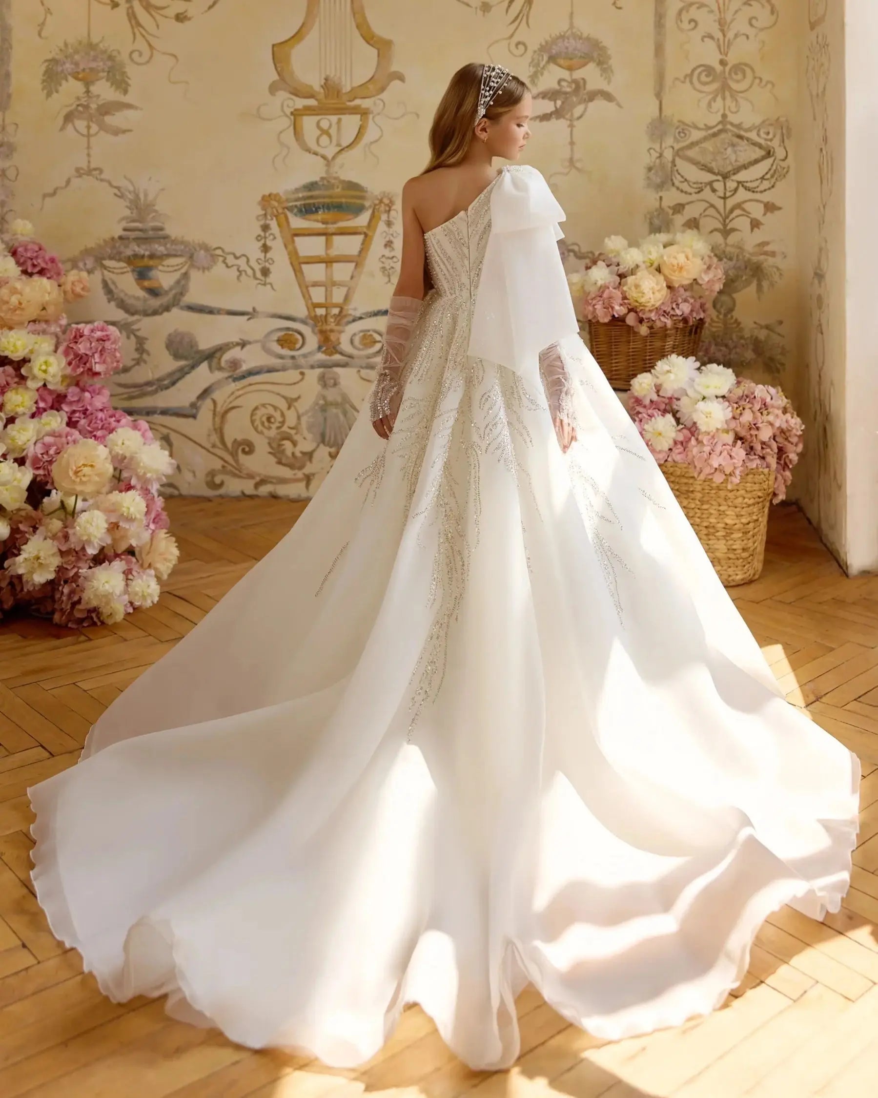 One-Shoulder Beaded Flower Girl Gown